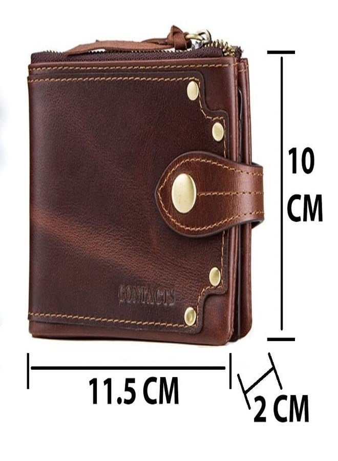 Contacts Men's Genuine Leather Wallet | RFID Blocking | Bifold with Button Closure | 13 Card Slots Including 1 ID Window, 1 Zip Closure Currency Compartment (Hori Brown) - Image 5